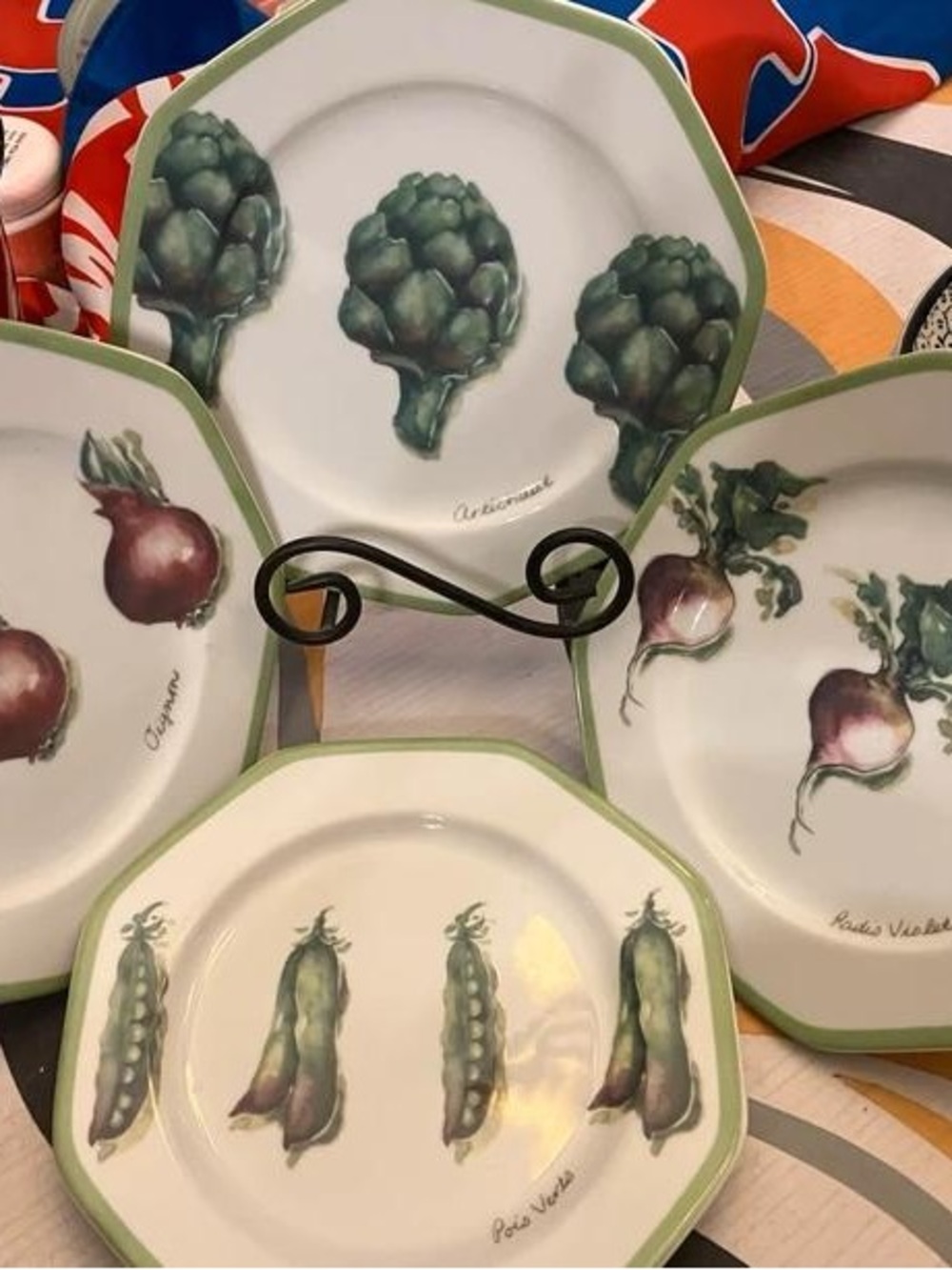 Hand-Painted Vegetable Dinner Plates with Green Rim